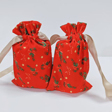 大红色喜庆帆布袋定制圣诞全涤礼品袋圣诞节派对礼物包装袋抽绳袋