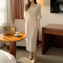 韩国chic秋季新款方领修身收腰显瘦优雅气质中长款女人味连衣裙女