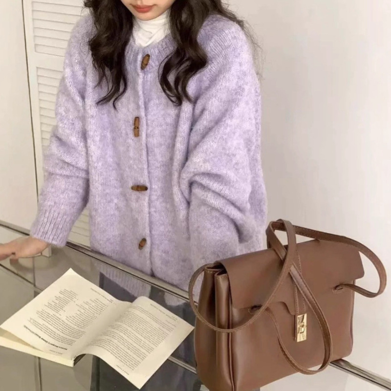秋冬宽松韩系复古温柔牛角扣针织开衫软糯休闲长袖上衣外套女毛衣|undefined