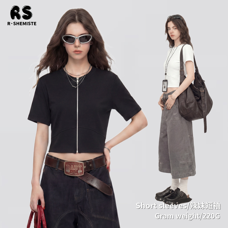 Rs Women's Clothing | 220g Old Money Academy Style Small Zipper Cardigan Slim Fit Elastic Short Sleeve Cardigan T-Shirt for Women. Rs Women's Clothing | 220g Old Money Academy Style Small Zipper Cardigan Slim Fit Elastic Short Sleeve Cardigan T-Shirt for Women.