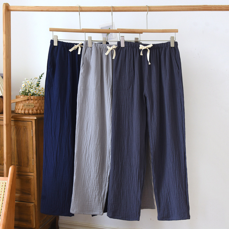 Japanese-Style Pure Cotton Gauze Men's Sleep Pants, Long Straight-Leg Thin Breathable Crepe Cotton Loose Home Pants for Spring and Autumn