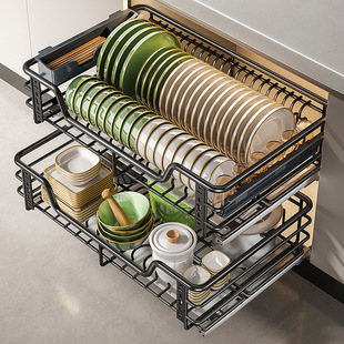 Pull-Out Basket Kitchen Cabinet Bowl Basket 304 Stainless Steel Double-Layer Drawer-Type Storage Dish Rack Cabinet Kitchen Cabinet Pull-Out Basket