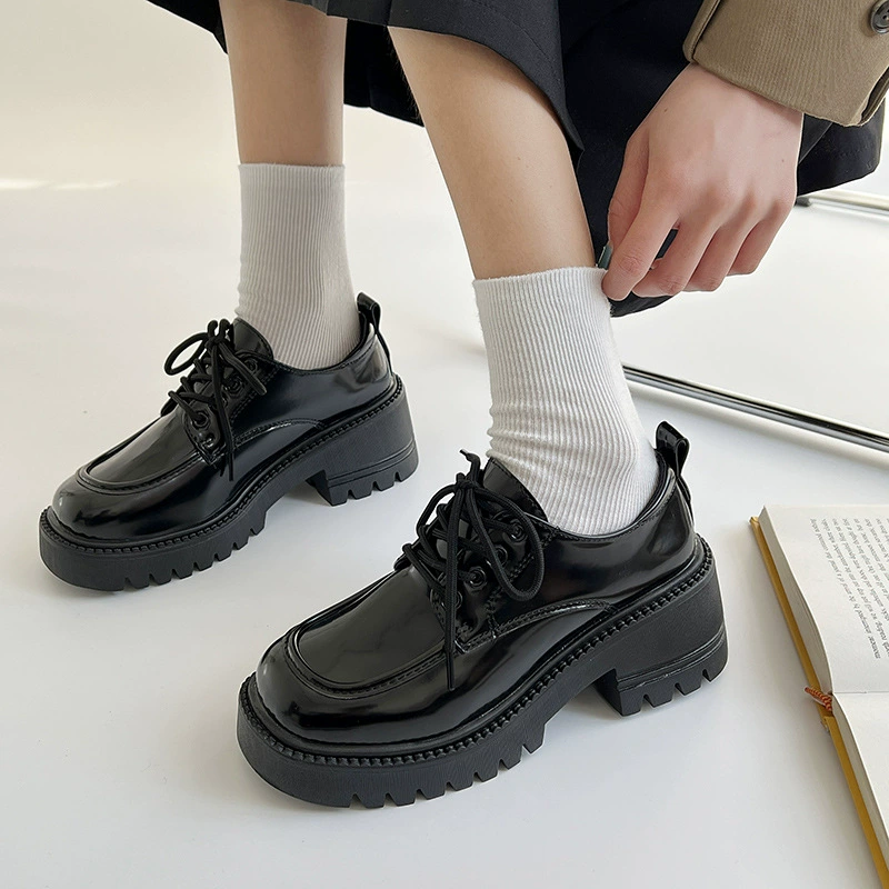 Толстые черные кожаные туфли, женские туфли в британском стиле, 2023, весенние новые японские туфли JK, туфли в стиле ретро на шнуровке и массивном каблуке