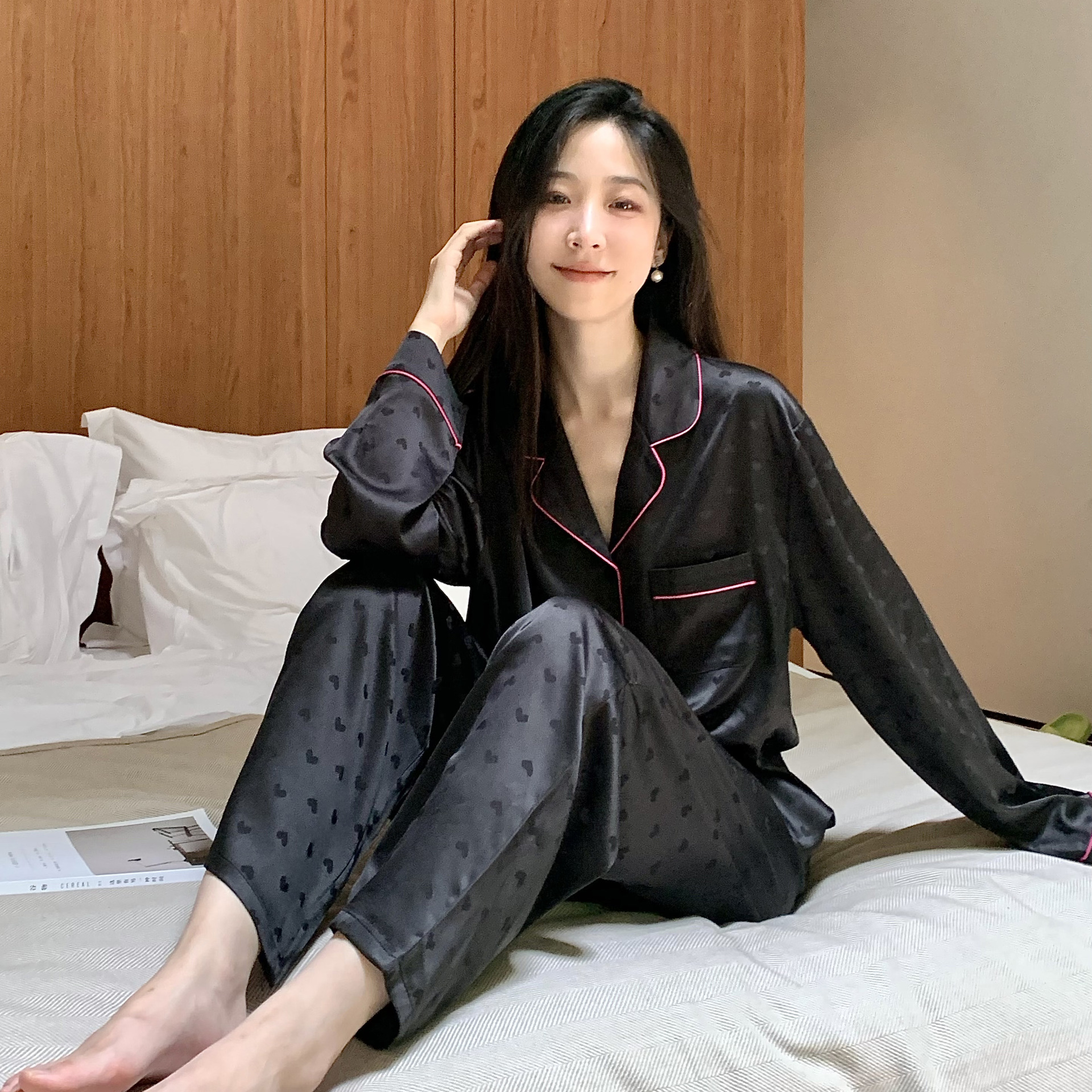 2023年新款女士长袖长裤睡衣套装小爱心提花舒适透气家居服