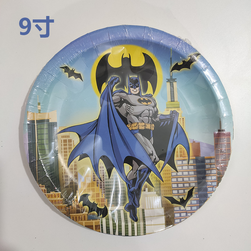 Fabricante en stock Batman Tema de cumpleaños plato de papel taza de papel cuchillo de tejido tenedor cuchara decoración del partido vajilla suministros de traje
