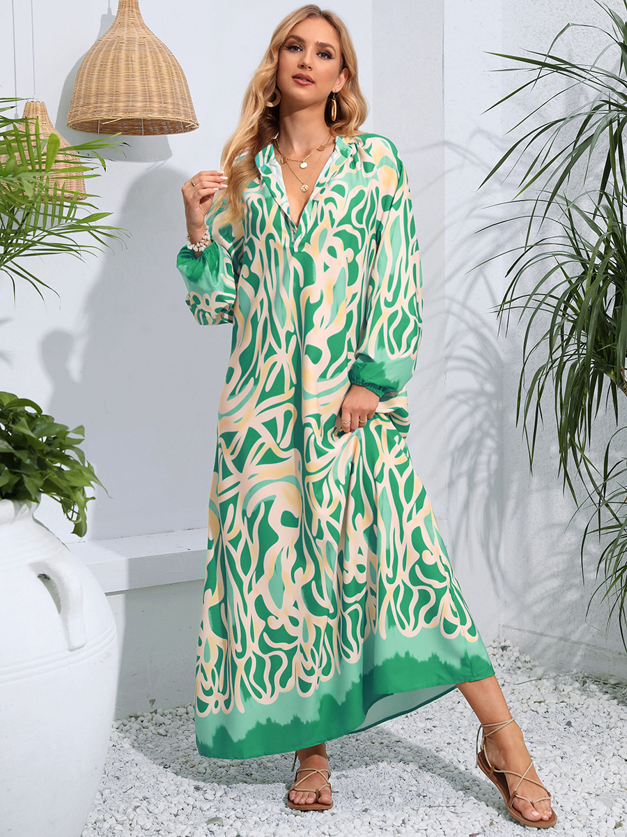 236g Weight Wholesale Women's Elegant Vacation Printing Button Color Block Holiday Daily V Neck Long Sleeve Swing Dress