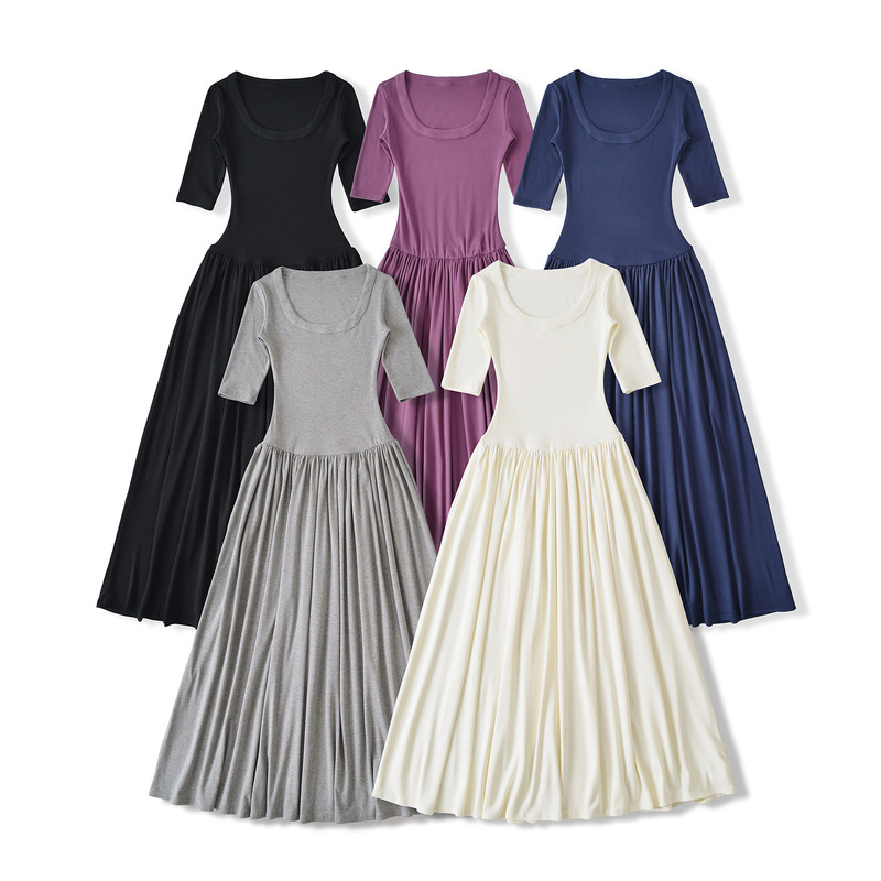 Extra Long Dress Summer Mid-Sleeve Cotton Knitted French U-Neck High Waist Slim Fit Simple Ballet Style Long Skirt