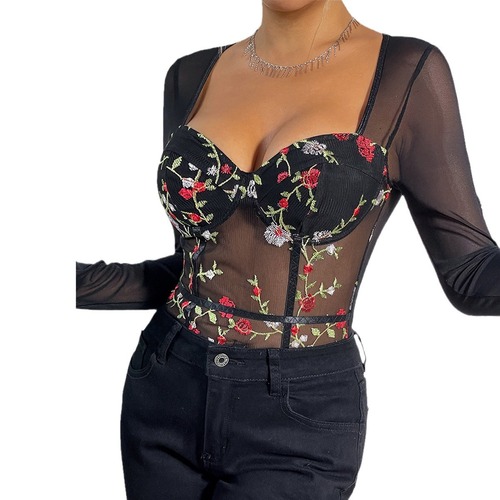 Autumn new retro mesh flower embroidery versatile steel ring waist see-through long-sleeved sexy jumpsuit 1225