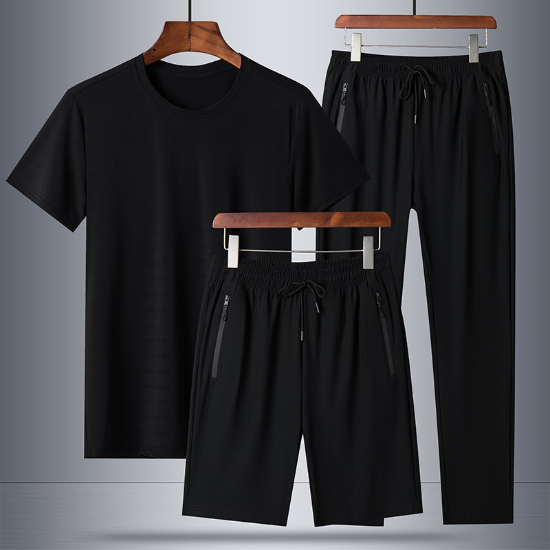 Trajes deportivos transfronterizos de color sólido para hombres verano nuevo gran tamaño de hielo pantalones cortos de secado rápido de tres piezas de comercio exterior pantalones rectos