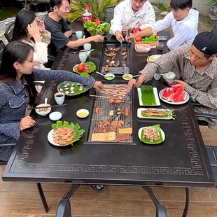 Outdoor Barbecue Tables and Chairs, Outdoor Leisure Villa Courtyard, Open-Air Balcony Dining Table, Cast Aluminum Rust-Proof Electric Carbon Two-Pitch Dezhuzhu