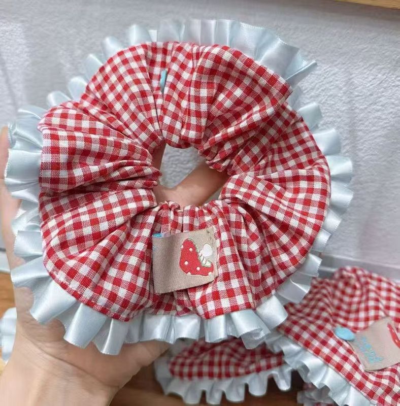 韩系甜美可爱红格子蓝花边大肠发圈发绳格纹发饰小清新发饰新款女|undefined