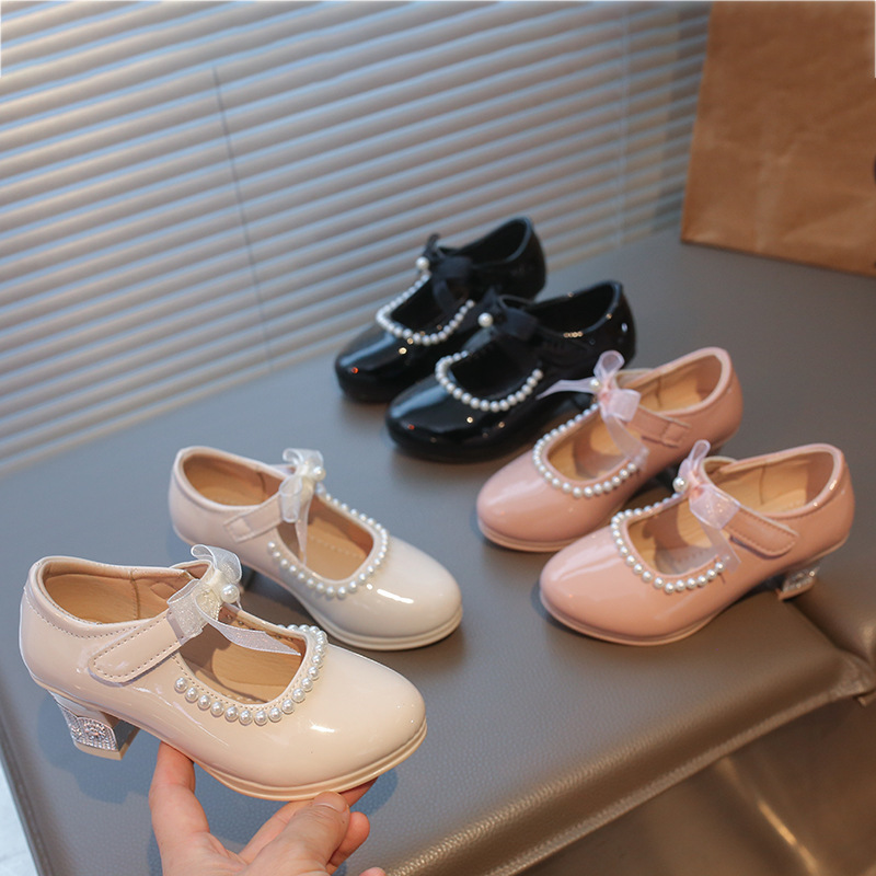 Girls' Lace Beaded Bow Princess Shoes 2026 Spring and Autumn New Style Kidsren's High-Heeled Soft-Soled Single Shoes Small Leather Shoes