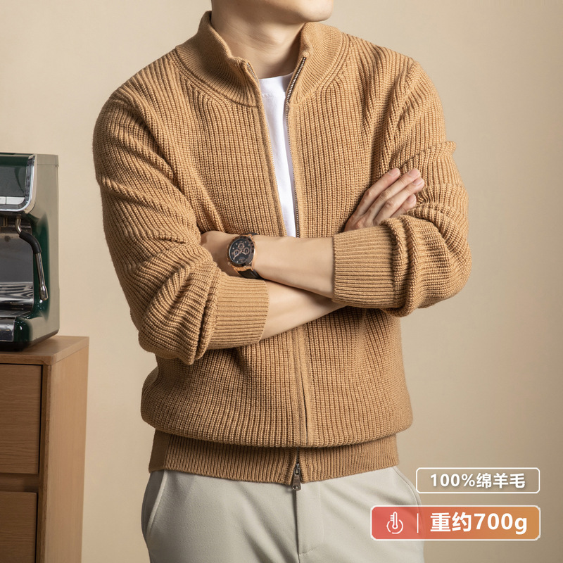 Winter Thickeneded Woolen Cardigan Men's Zipper Stand Collar Thick Wool Knitted Cardigan Middle-Aged Super Thick Sweater Jacket