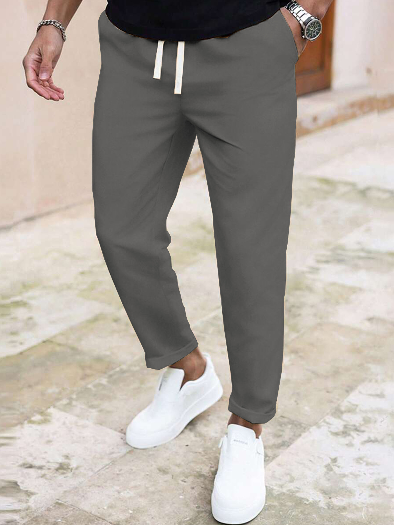 ​​"Men's Slim Fit Casual Pants - Solid Color Drawstring Waist, Lightweight Polyester For Everyday Comfort & Street Style"​​_viptrois.com