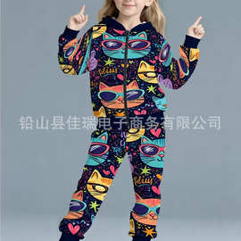 儿童3D印花连帽卫衣套装卡通猫咪猫头鹰图案休闲家居服两件套