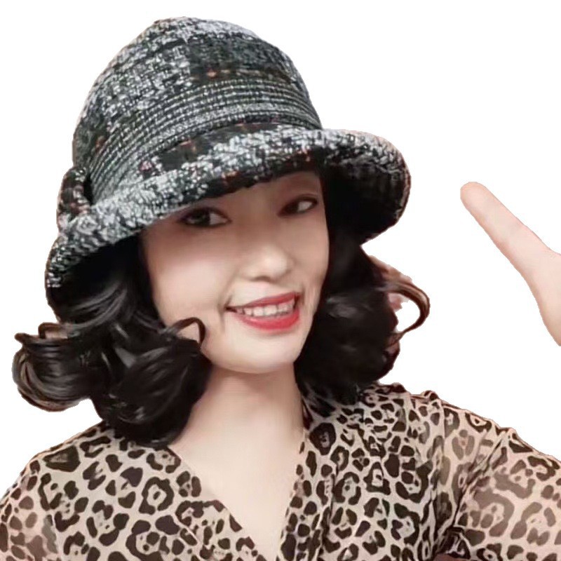 假发秋冬时尚帽子一体新款渔夫帽中老年妈妈洋气百搭礼帽卷发头套|undefined