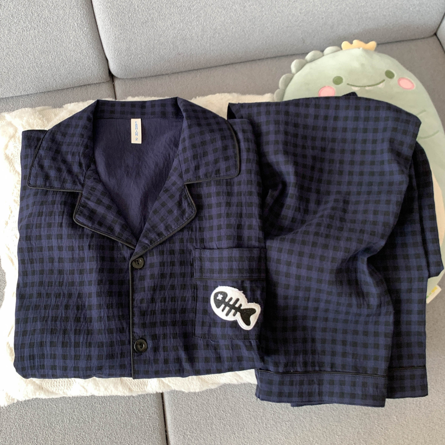 Yunduo Cotton-N8805# Blue Check Fishbone Long Men's Model