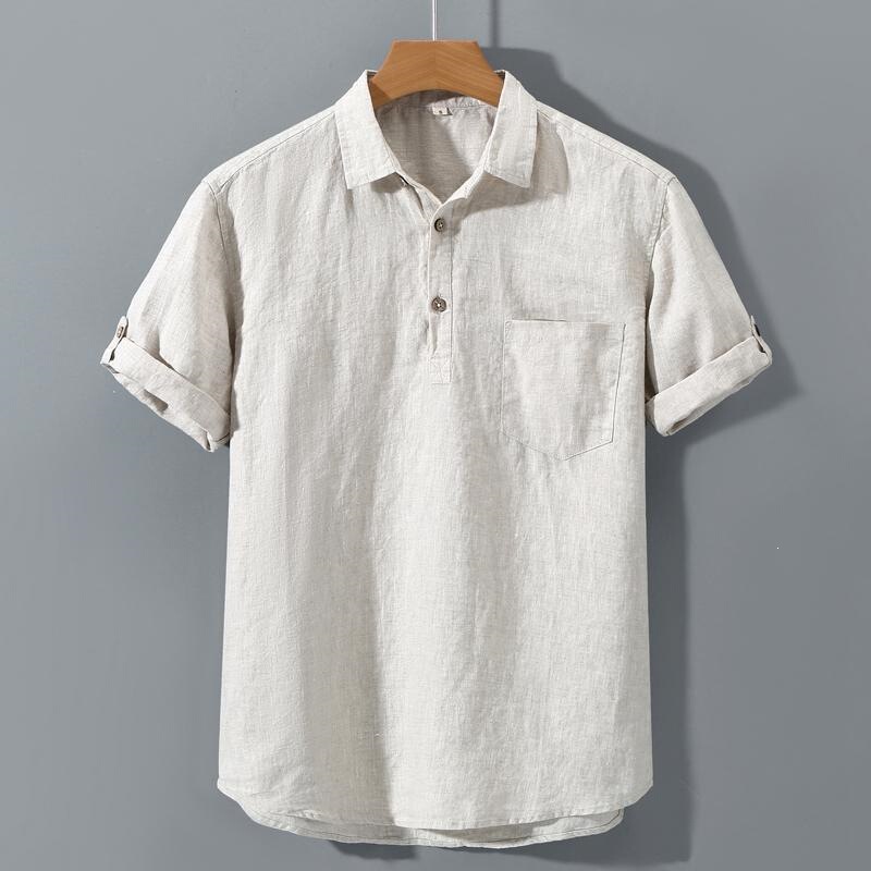 Men's Pure Linen Collared Short-Sleeve T-Shirt Shirt, Linen Men's Clothing, Youth Casual Woven Fabric, Full Linen Shirt t