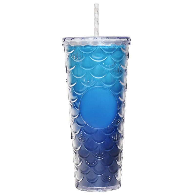プラスチックカップ新型二重クリエイティブグラデーションマーメイドテールストローカップドリアンカップメッキカラースパンコールカップ|undefined
