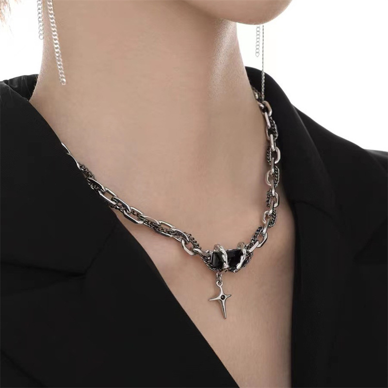 European and American Simple Black White Stone Niche Design Sense Cross Stitching High Fashion Tie Tie Titanium Steel Clavicle Chain Necklace European and American Simple Black White Stone Niche Design Sense Cross Stitching High Fashion Tie Tie Titanium Steel Clavicle Chain Necklace