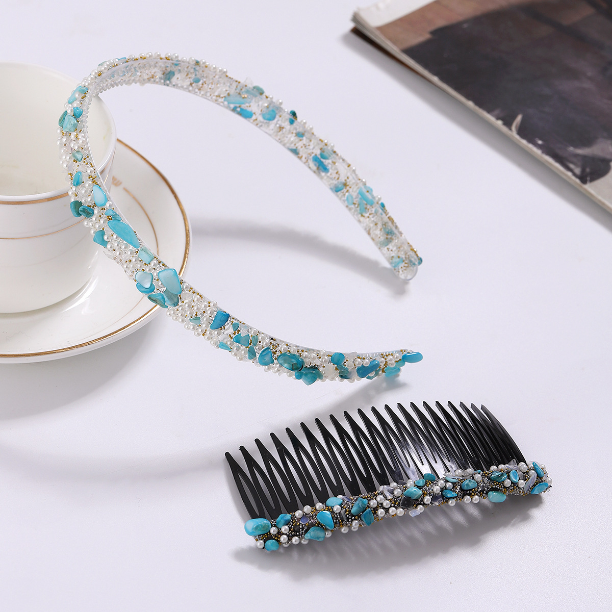 Comercio exterior nuevo color piedra diadema de color floral diamante plástico peine pelo roto acabado artefacto estilo coreano elegante peine del pelo