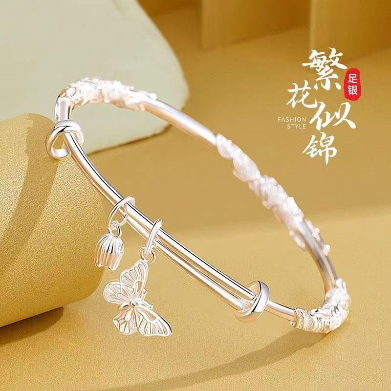 Bracelet 999 Sterling Silver Push-Pull Silver Bracelet Elastic Mother's Day Gift for Mom 520 Gift for Girlfriend Best Friend Clearance No