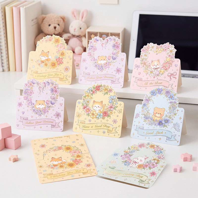 New Year's Ins-Style Cute Pet-Shaped Greeting Card with Small Animals and Flowers, 3D English Blessings, Thank You Holiday Gift Card