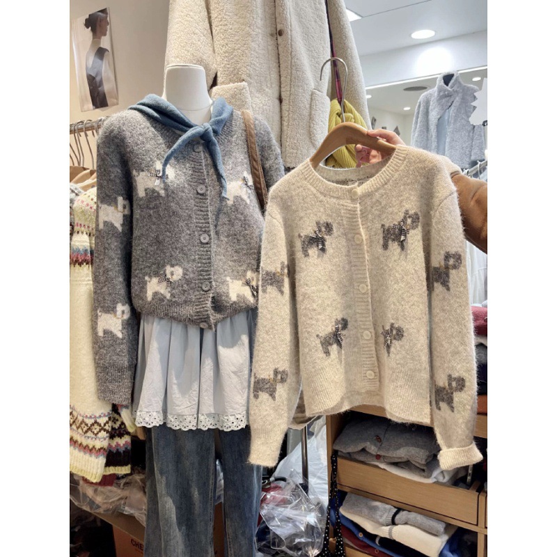 十三行高级感别致小狗蝴蝶结毛衣女春秋季宽松显瘦休闲风针织开衫