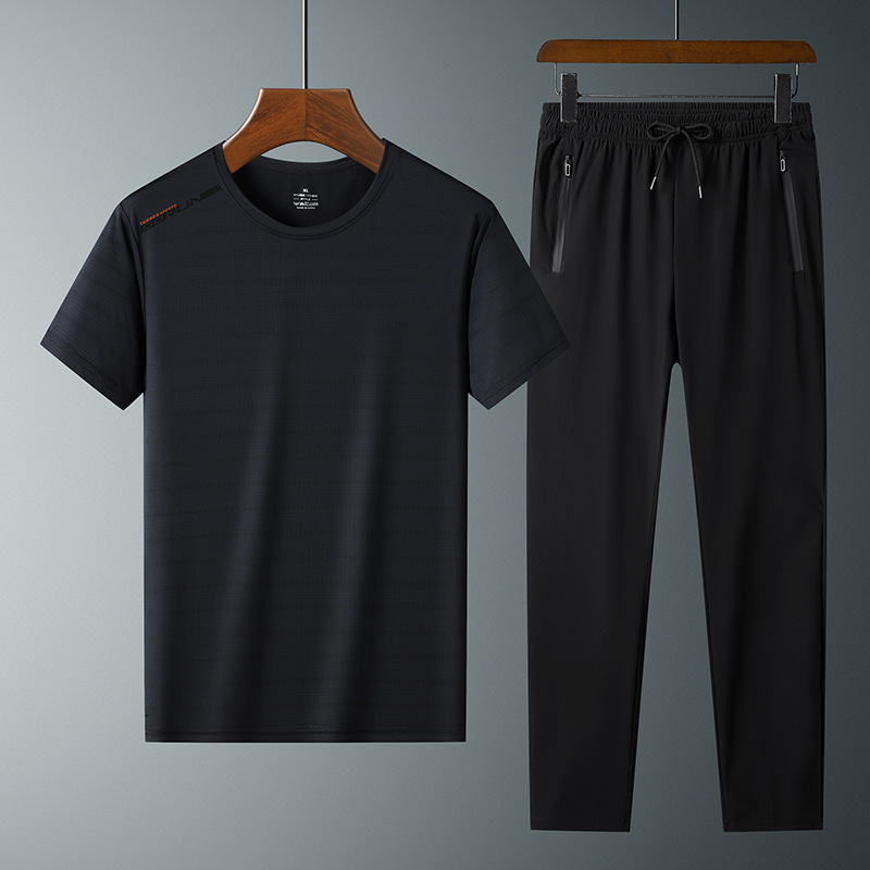 Moda pantalones de seda de hielo cuello redondo Camiseta de dos piezas para hombres talla grande suelta de secado rápido traje deportivo LOGO se puede formular
