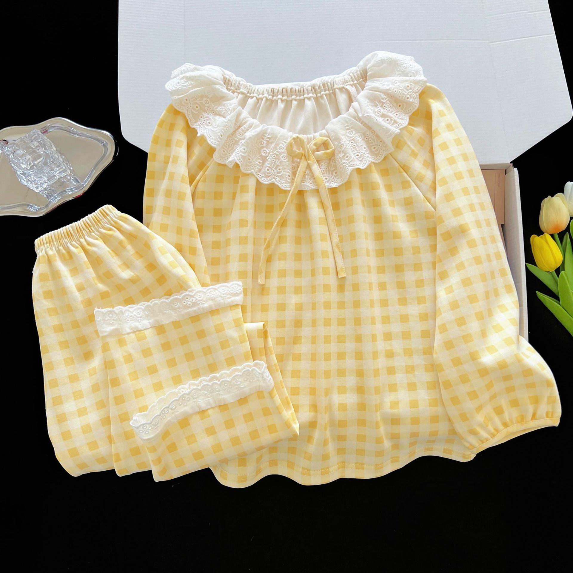 2025 New Autum Cotton Kidsren's Pajamas Long-Sleeved Elastic Rope Round Neck Princess Style Family Home Wear Set