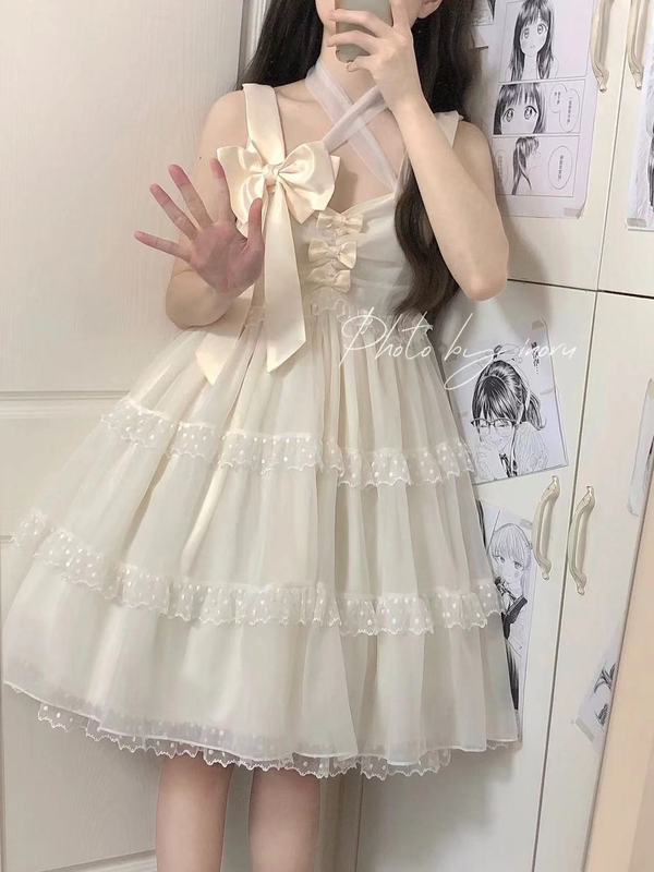 女子学生向けサマースーツ ベビードールカラーシャツ+かわいいリボン白メッシュサスペンダースカート 2点セット/単品|undefined