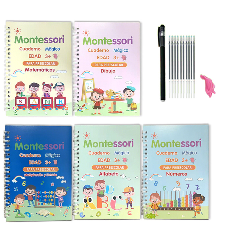 Cuaderno de práctica de escritura mágica transfronterizo en español para niños de preescolar y jardín de infancia: letras, números, dibujo y entrenamiento de control del lápiz.