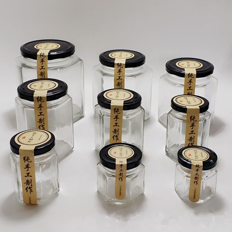 定制六棱玻璃瓶380ml蜂蜜果菜瓶辣椒酱瓶带盖密封玻璃罐储物罐装