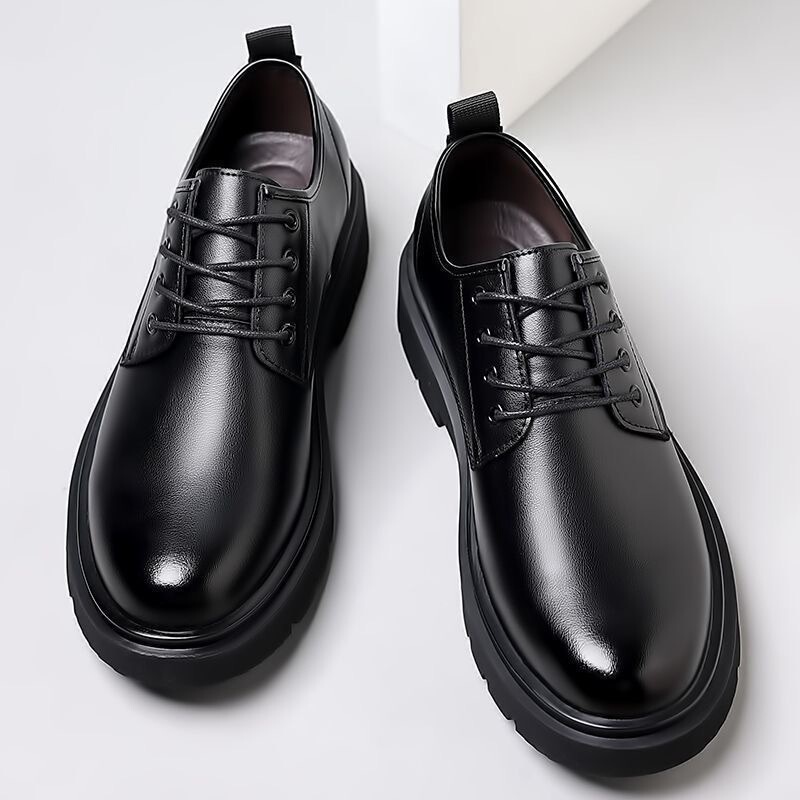 Men's Leather Shoes Spring and Autumn British Thick-Soled Derby Shoes Men's Formal Wedding Black Low-Cut Boots Business Casual