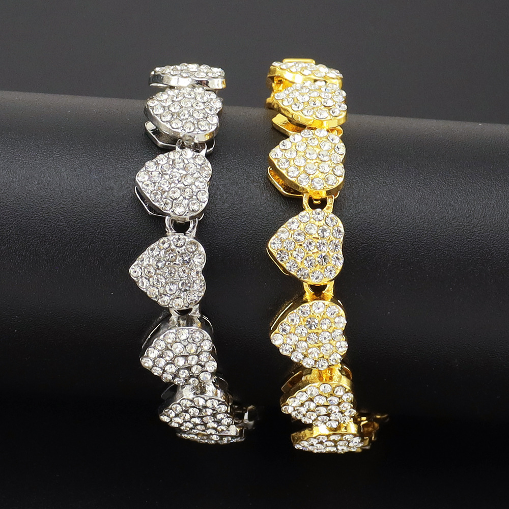 28g Weight Rhinestones Inlay Material Bracelets, Necklace Classification Party, Street Occasion Alloy Material Heart Shape Pattern Unisex Gender Hip-Hop Style Hip-Hop Heart Shape Alloy Rhinestones Unisex Bracelets Necklace 8