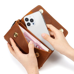 新しいクレイジーホースレザーウエストバッグ、デュアル携帯電話ウエストバッグ、2つの携帯電話バッグ、第一層牛革財布収納バッグ、本革