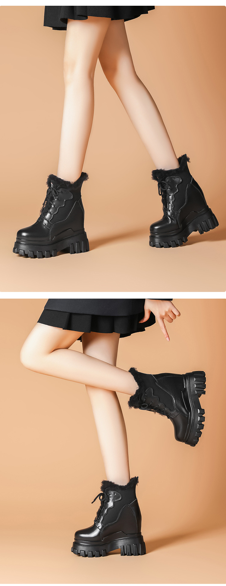 Boot nữ cổ cao ôm bắp chân đế dày lót nhung ấm áp — Màu đen lót nhung chi tiết 4