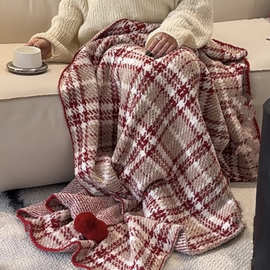 复古风北欧风半边绒格纹毛毯红色四季毯子床尾毯盖毯沙发披毯加
