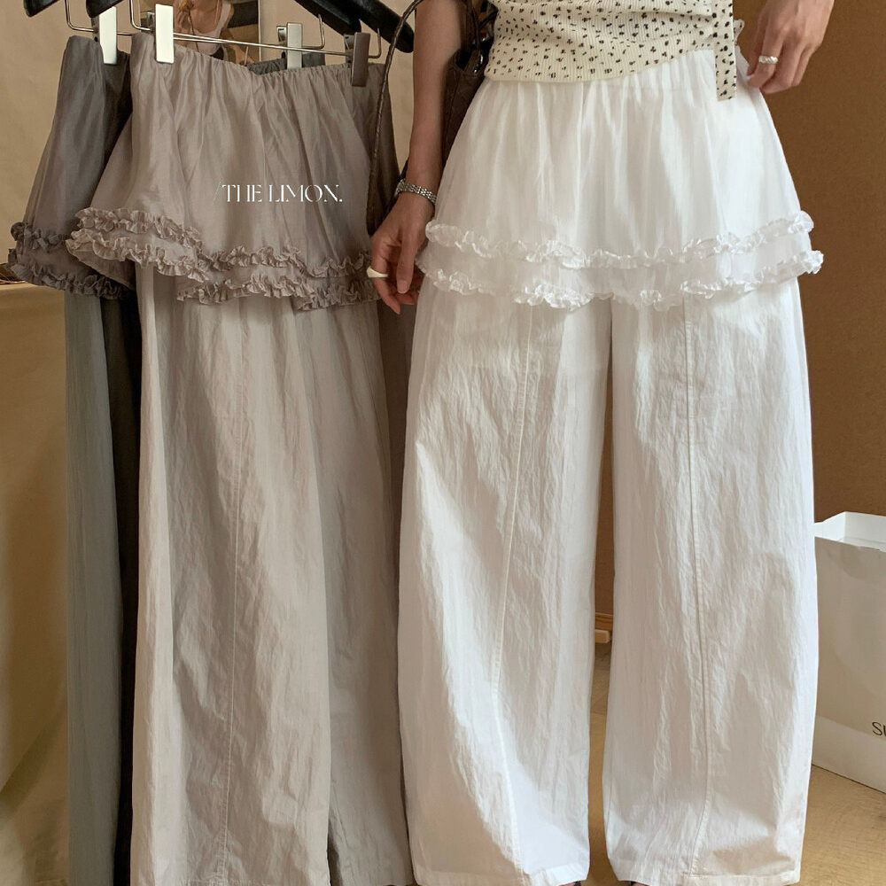 Quần culottes nữ ống rộng cạp cao phong cách Hàn Quốc, thiết kế giả hai lớp viền bèo nhún — màu trắng, màu xám, màu kaki
