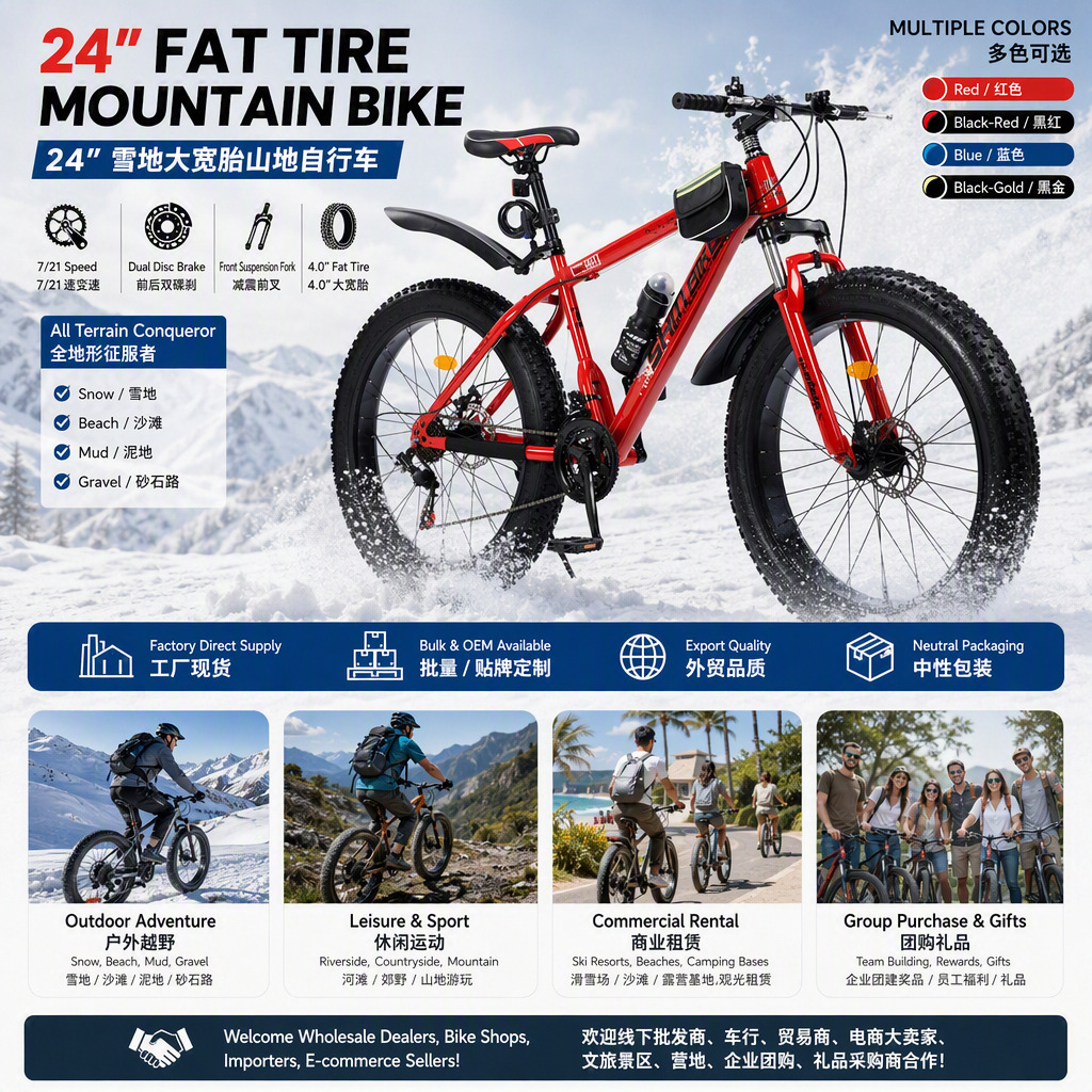 Bicicleta de nieve y playa con neumáticos grandes, bicicleta de montaña de velocidad variable, venta al por mayor, frenos de disco dobles, absorción de impactos, en stock, ciclismo todoterreno de 26 pulgadas.