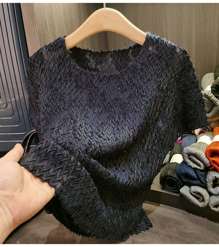 Áo thun cổ tròn dáng rộng tay ngắn xếp ly bèo nhún mùa hè — Màu đen, Màu xanh navy, Màu đỏ hoa hồng, Màu trắng chi tiết 8