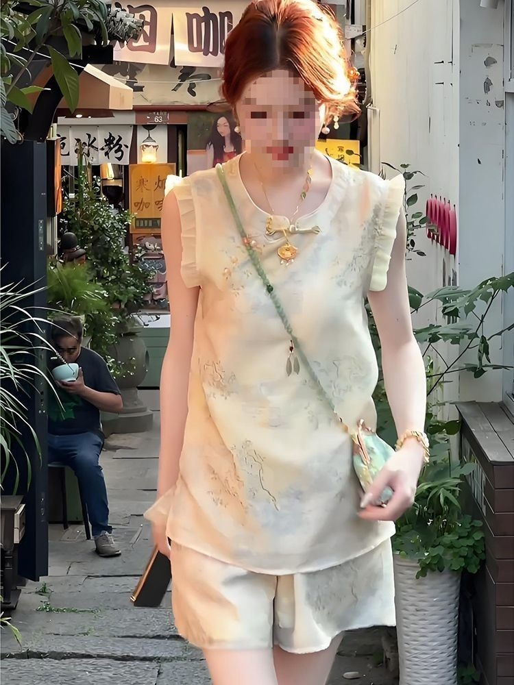 Bộ quần áo mùa hè nữ 2 món tay lỡ ngắn + quần short, phong cách tân cổ điển Trung Quốc, màu hạnh nhân — Màu sắc hạnh phúc chi tiết 6