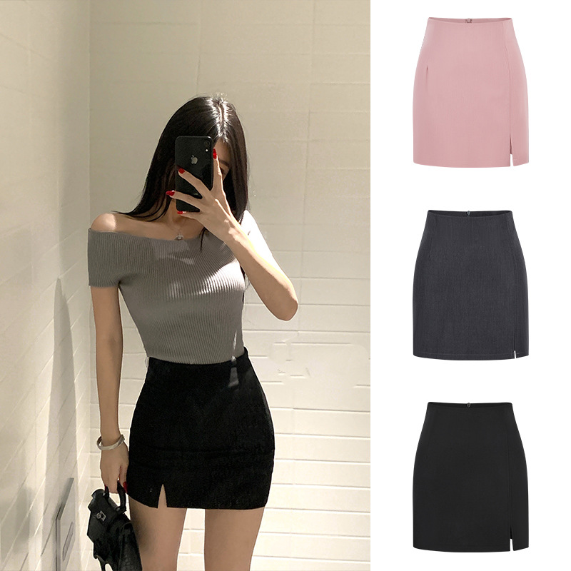 Real Shot~ Women's New High-Waisted Hip-Hugging Skirt with Front Side Slit, Professional Versatile Tight-Fitting Elastic One-Step Mid-Skirt