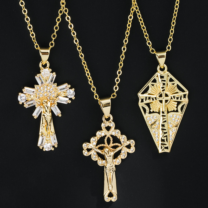 Mode Kupfer Gold-überzogene Intarsien Farbe Zirkon Kreuz Jungfrau Maria Anhänger Halskette display picture 2