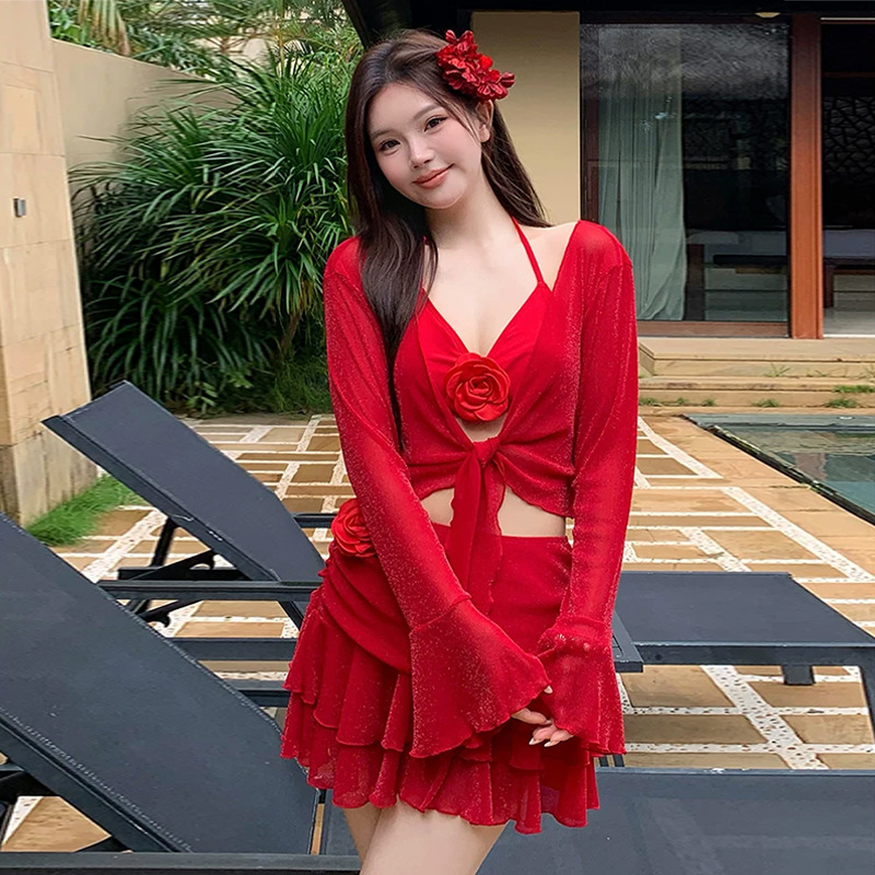 Plus-size Women's Swimsuit In Bright Red, Four-piece Bikini Set With Long Sleeves, Sun Protection, Sexy And Pure Desire_voghion.com