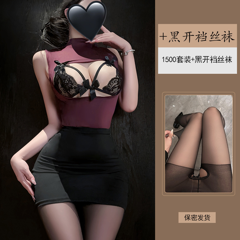 （杨梅紫+黑色）套装+W4黑开裆丝袜 / 均码