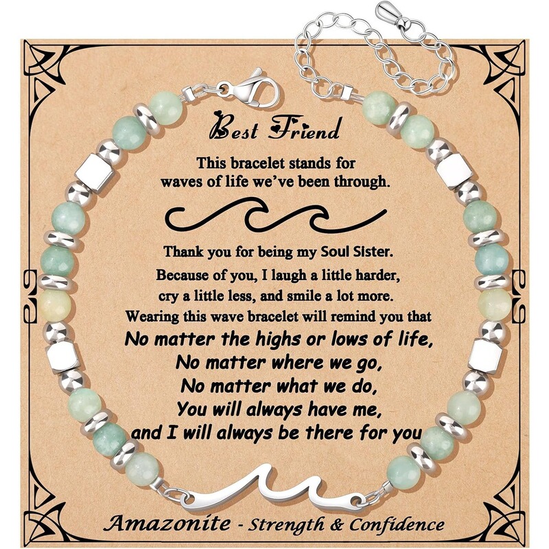 Amazon Bestseller 4mm Amazonite Stainless Steel Wave Pendant Moonstone Adjustable Bracelet Birthday Gift