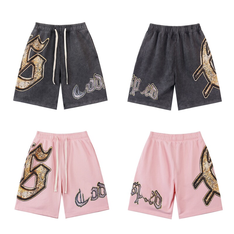 Summer Washed Vintage Shorts Gods New Style Gold Letter Print Casual Versatile Drawstring Loose Sports Pants for Men