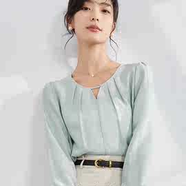 绿色领衬衫新款女长袖休闲内搭雪纺宽松法式衬衣设计感高级