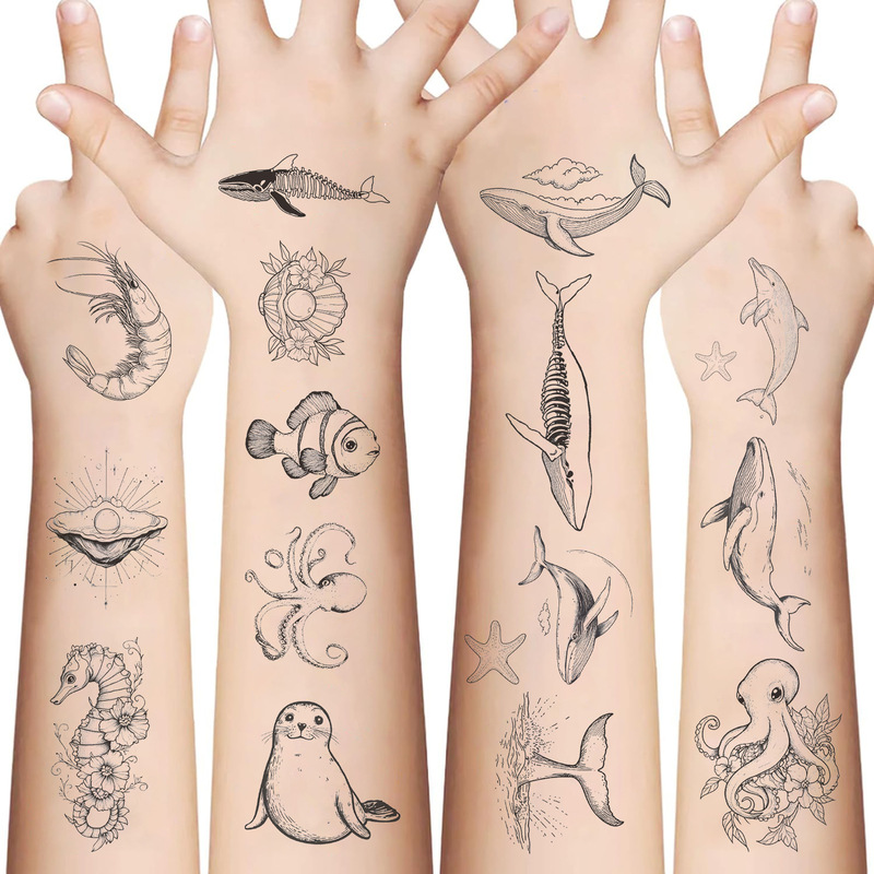 10 new black and white minimalist marine tattoo stickers gift holiday disposable waterproof arm temporary decorative stickers